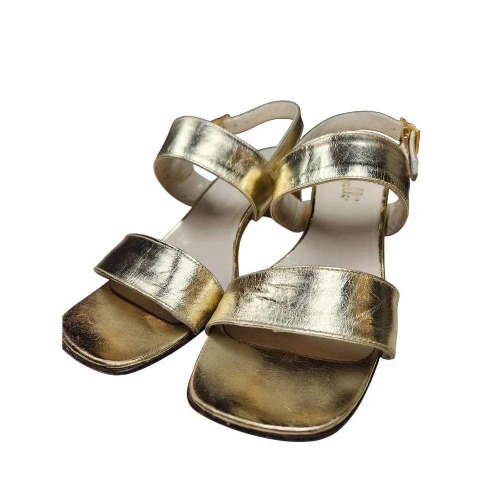 Vintage Pappagallo Gold Metallic Double Strap Block Heel Sandal Mod Disco 60s 7M